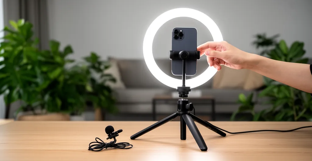Installation de tournage minimaliste avec ring light, micro-cravate et smartphone sur trépied